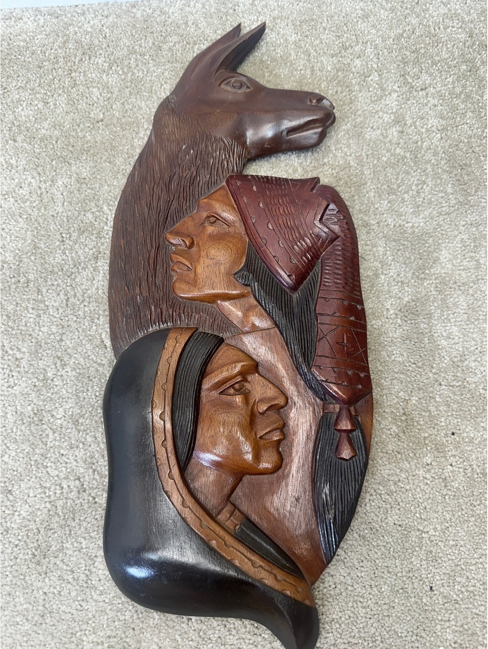 VTG Peruvian Hand Carved Wooden Wall Plaque Folk Art Llama Faces
